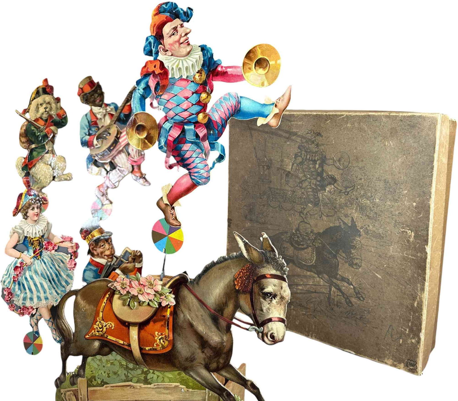 ANIMATED CLOCKWORK FIGURES ON HORSEBACK: 396. ANIMATED CLOCKWORK FIGURES ON HORSEBACK | Beautiful German chromolithography on cardboard depicting circus bareback riders on galloping horse. Six interchangeable figures include Punch-like clown