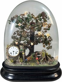 BIRD TREE W/ CLOCK AUTOMATON UNDER GLASS DOME