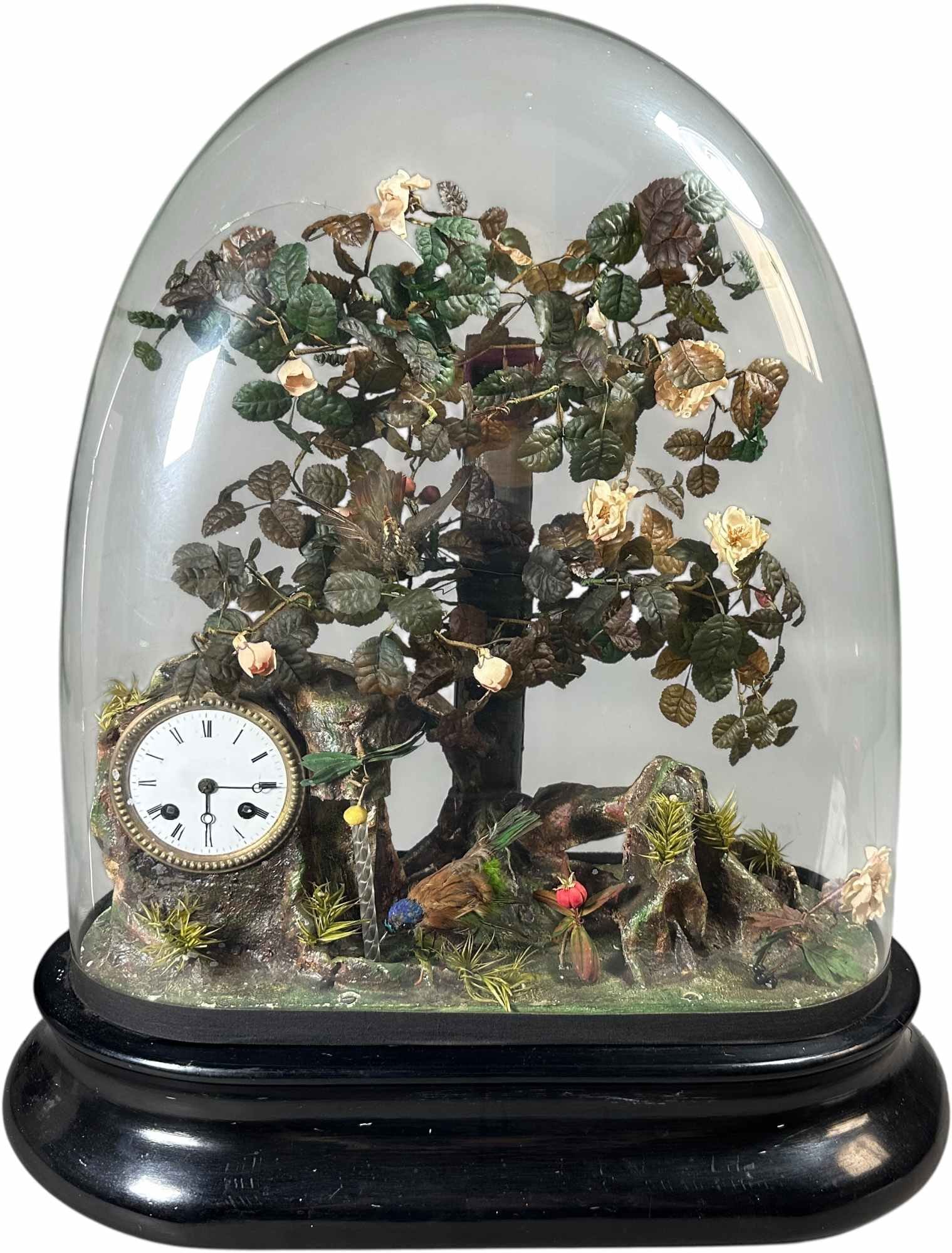 BIRD TREE W/ CLOCK AUTOMATON UNDER GLASS DOME: 404. BIRD TREE W/ CLOCK AUTOMATON UNDER GLASS DOME | Working with beautiful melody and three actions; two moving birds and "running water" stream. https://youtube.com/shorts/sWNatVh7MQk?feature=share