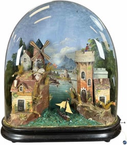 VILLAGE SHIP AUTOMATON UNDER GLASS DOME