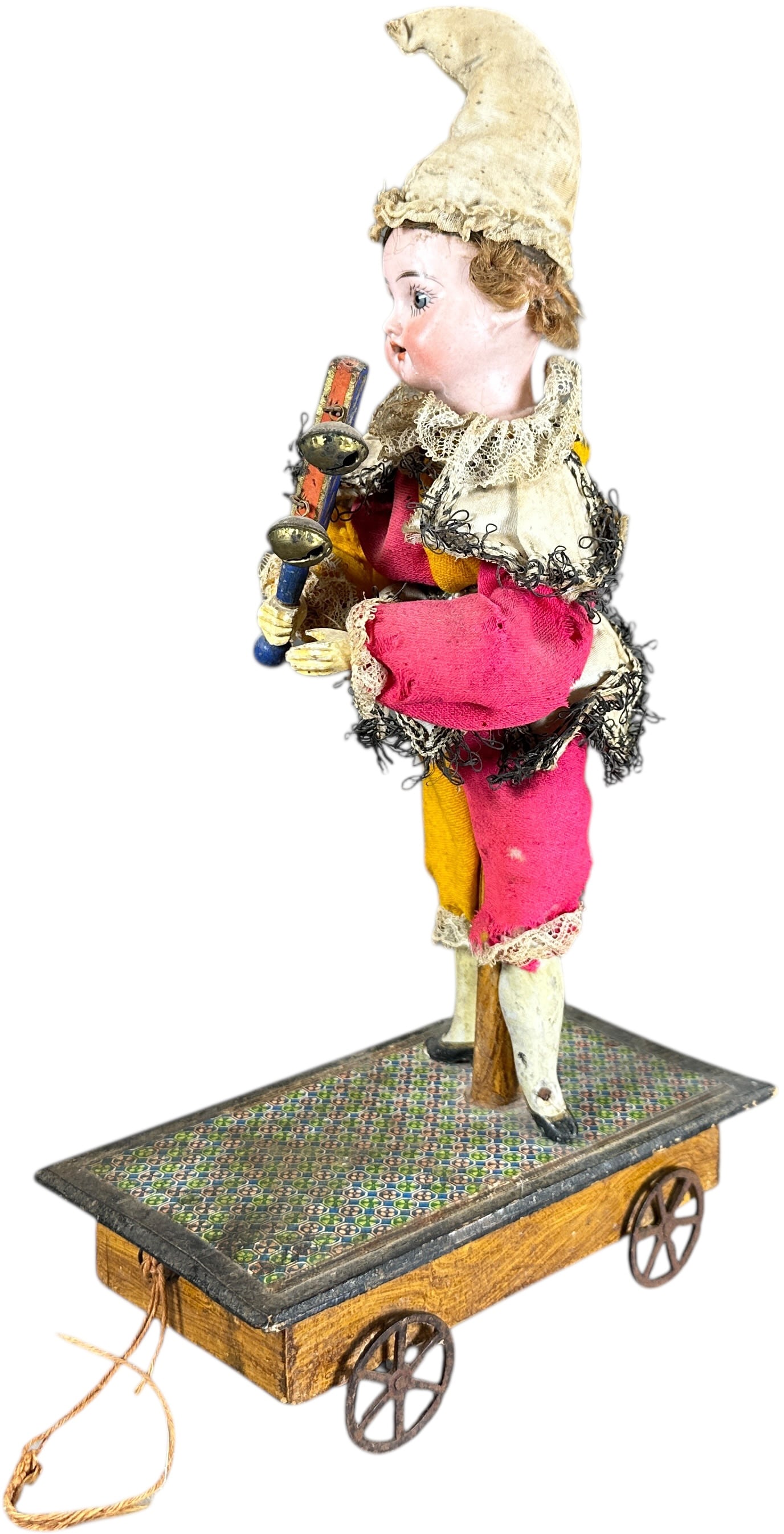 MECHANICAL BISQUE HEAD CLOWN PULL TOY - 7
