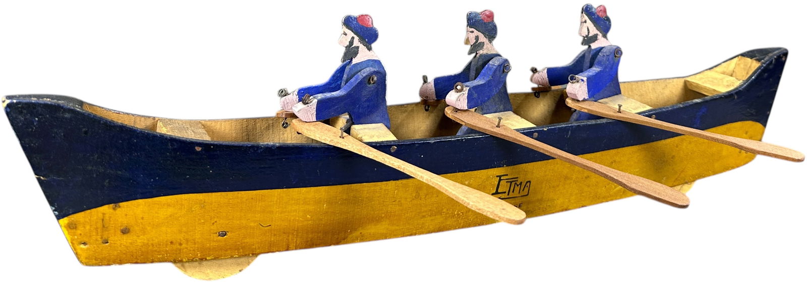 THREE MAN ROWBOAT: 425. THREE MAN ROWBOAT | 19.5" l. | Two small cracks at rear of boat, (Excellent Condition) | $300 - $600