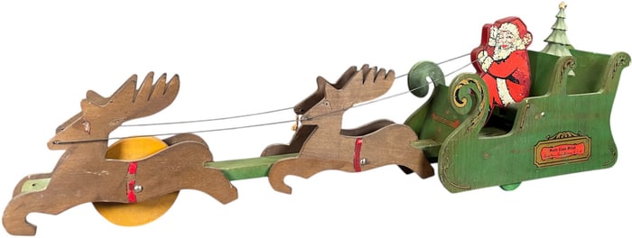 1940S WOOD SANTA IN SLEIGH FROM SANTA CLAUS TOWN