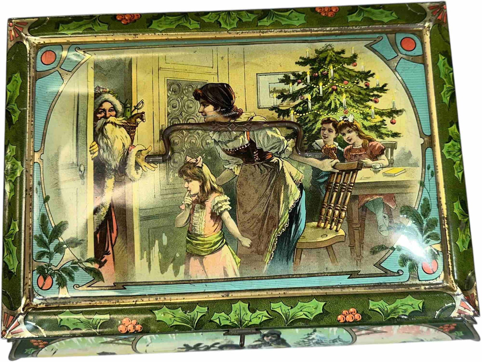 LARGE LITHOGRAPHED TIN W/ SANTA ON TOP (1 of 9)