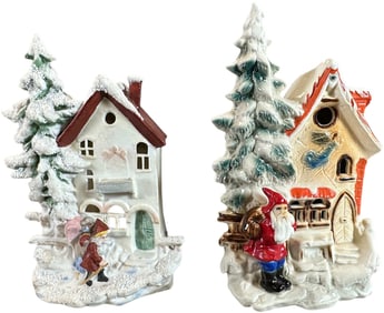 TWO PORCELAIN SANTA AT HOUSE W/ TREE