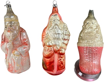 THREE GLASS SANTA ORNAMENTS