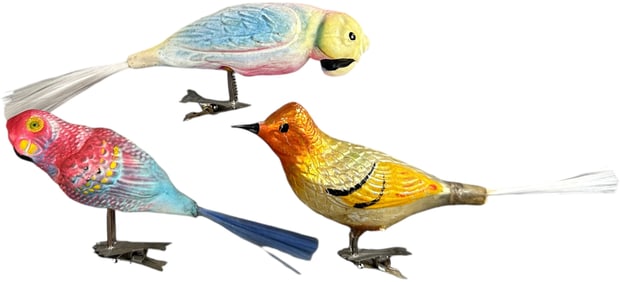 THREE VERY LARGE BIRD GLASS CLIP ORNAMENTS