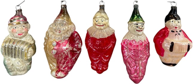 FIVE CLOWN FIGURE GLASS ORNAMENTS