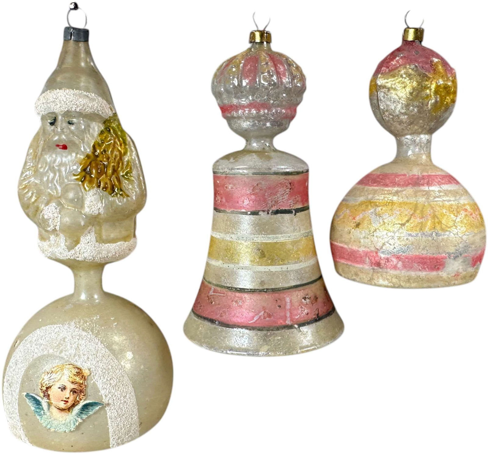 THREE BELL CHARACTER GLASS ORNAMENTS: 1046. THREE BELL CHARACTER GLASS ORNAMENTS | Topped with Santa, eagle & crown. | 5.5" h. | (Excellent Condition) | $300 - $600