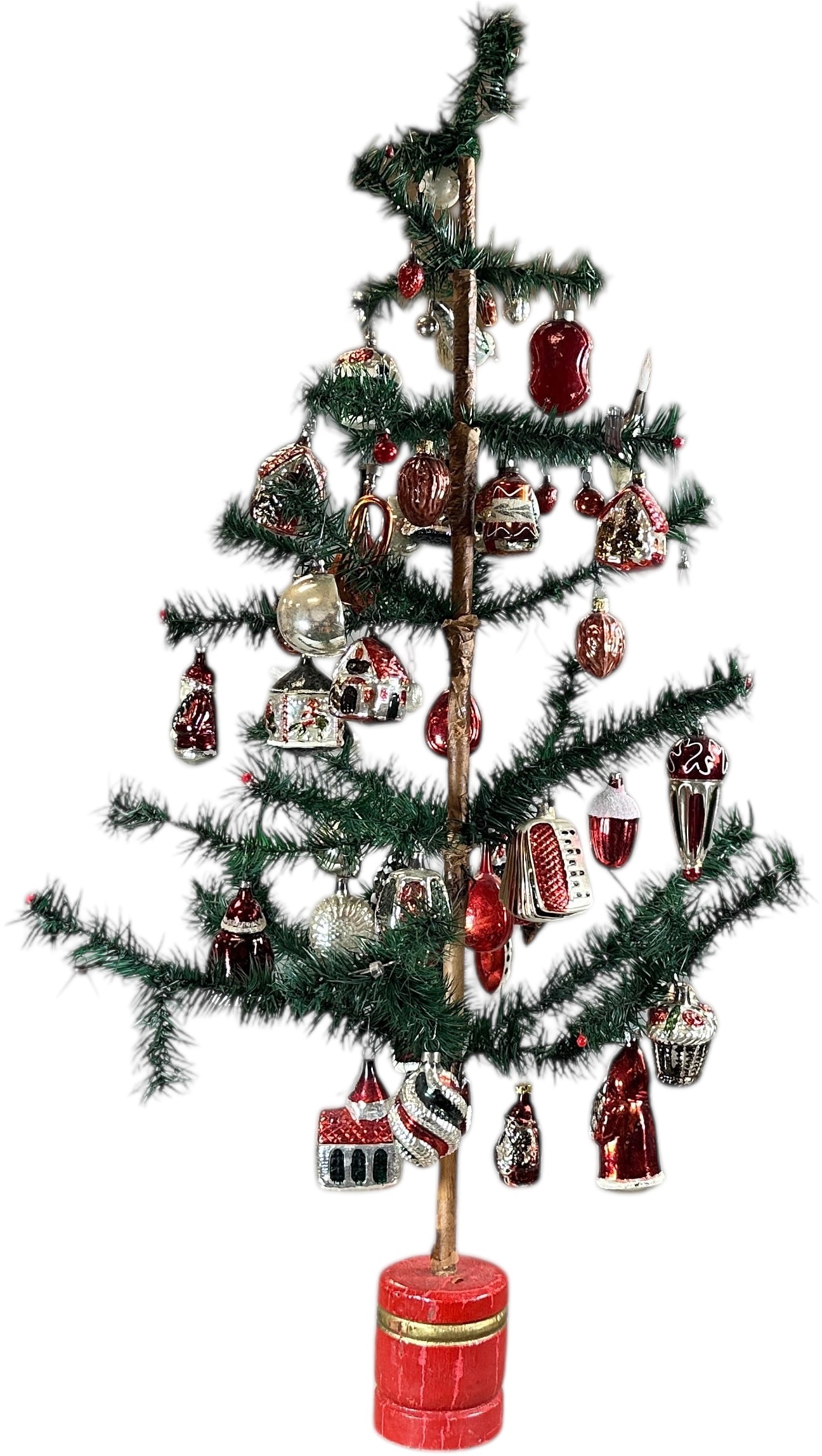 GERMAN FEATHER TREE W/ GLASS ORNAMENTS: 1065. GERMAN FEATHER TREE W/ GLASS ORNAMENTS | 32" h. | (Excellent Condition) | $300 - $600