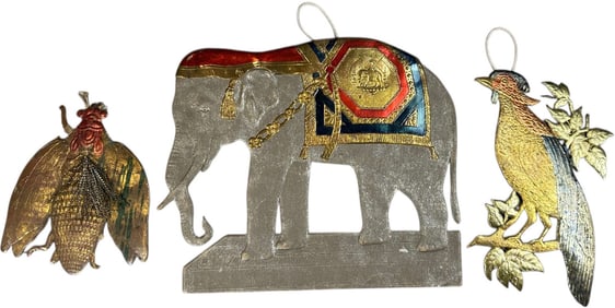 THREE FLAT DRESDEN ANIMAL ORNAMENTS