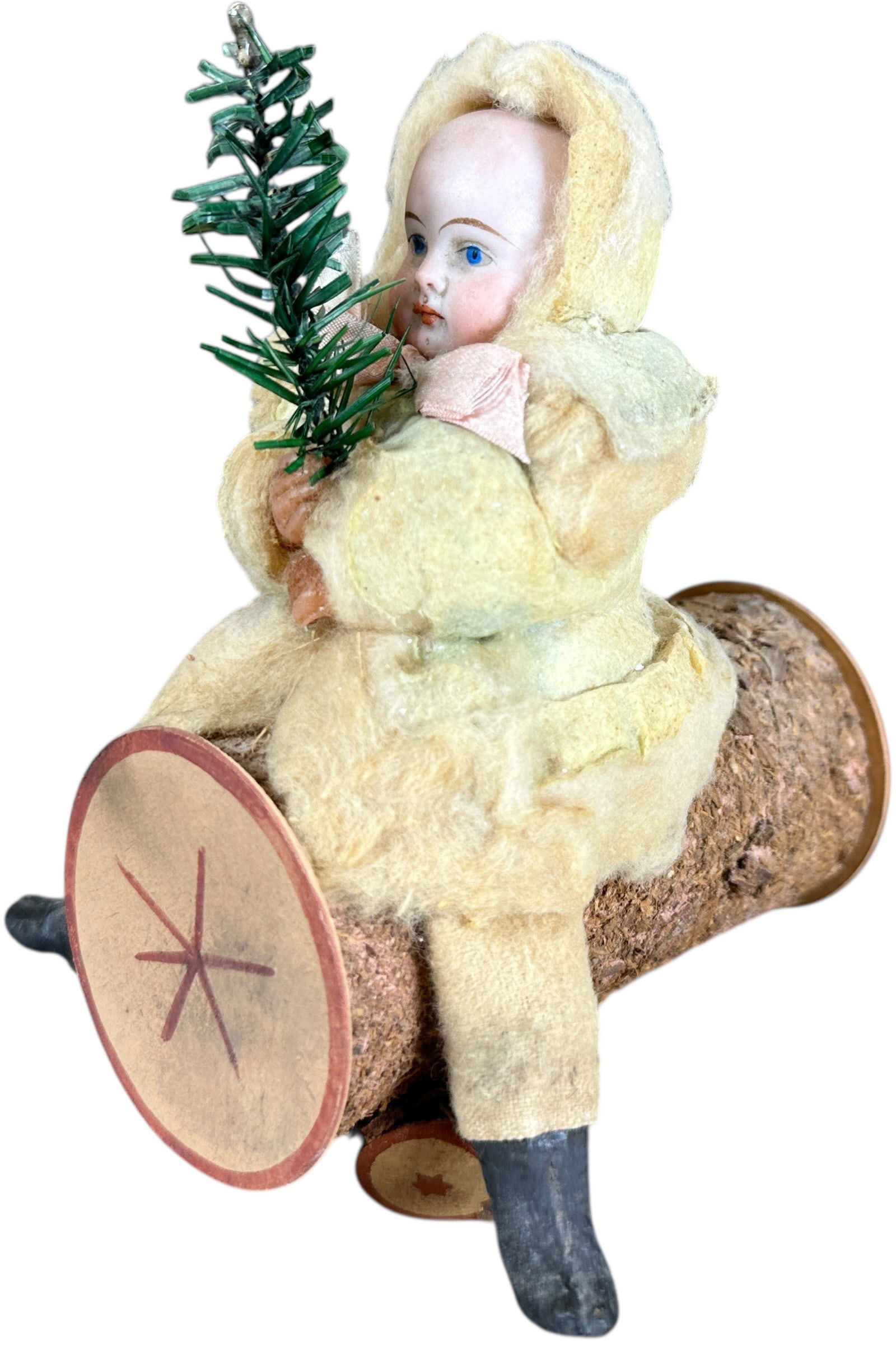 BISQUE HEAD GIRL ON LOG CANDY CONTAINER: 1076. BISQUE HEAD GIRL ON LOG CANDY CONTAINER | Provenance: Bob & Maurine Young | 5.5" h. | Tree stump ends are possibly repainted, otherwise (Excellent Condition) | $600 - $900