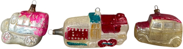THREE VEHICLE GLASS ORNAMENTS