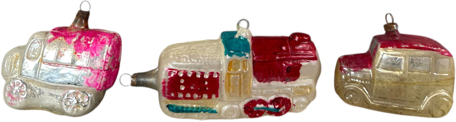 THREE VEHICLE GLASS ORNAMENTS: 1096. THREE VEHICLE GLASS ORNAMENTS | Some paint rubs and loss of silver. | 5.5" h. | (Excellent Condition) | $300 - $500