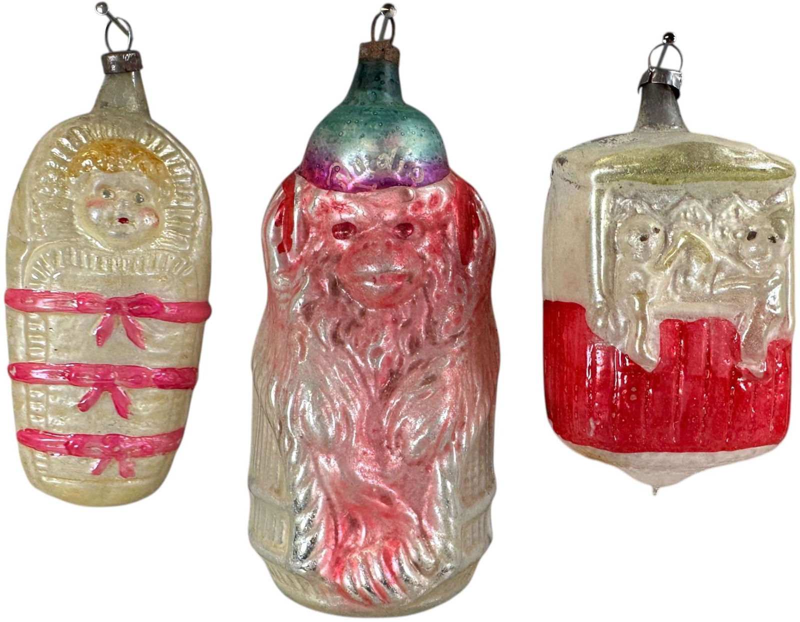 THREE ASSORTED GLASS ORNAMENTS: 1098. THREE ASSORTED GLASS ORNAMENTS | Early German glass. | 5" h. | (Excellent Condition) | $300 - $600