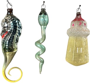 THREE LONG ASSORTED GLASS ORNAMENTS