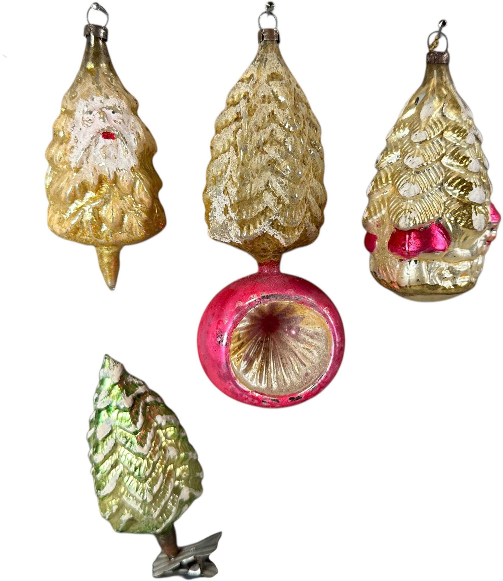 FOUR GLASS CHRISTMAS TREE ORNAMENTS: 1100. FOUR GLASS CHRISTMAS TREE ORNAMENTS | Two trees have Santa Faces. | 5.5" h. | (Excellent Condition) | $300 - $600