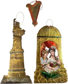 THREE FLAT DRESDEN LADY ORNAMENTS