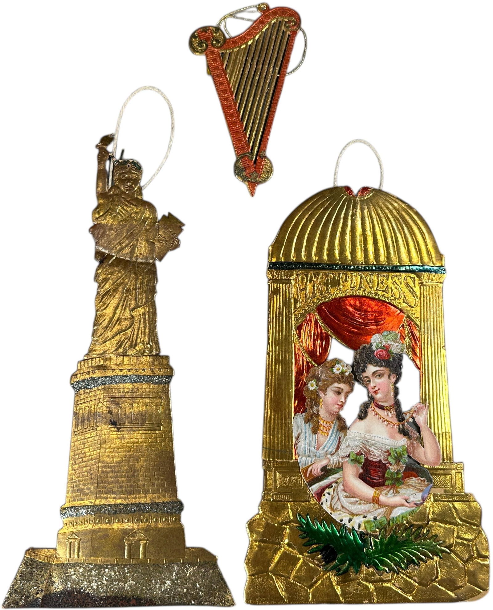 THREE FLAT DRESDEN LADY ORNAMENTS: 1105. THREE FLAT DRESDEN LADY ORNAMENTS | Minor rios and missing parts. | 10" h. | (Excellent Condition) | $300 - $500