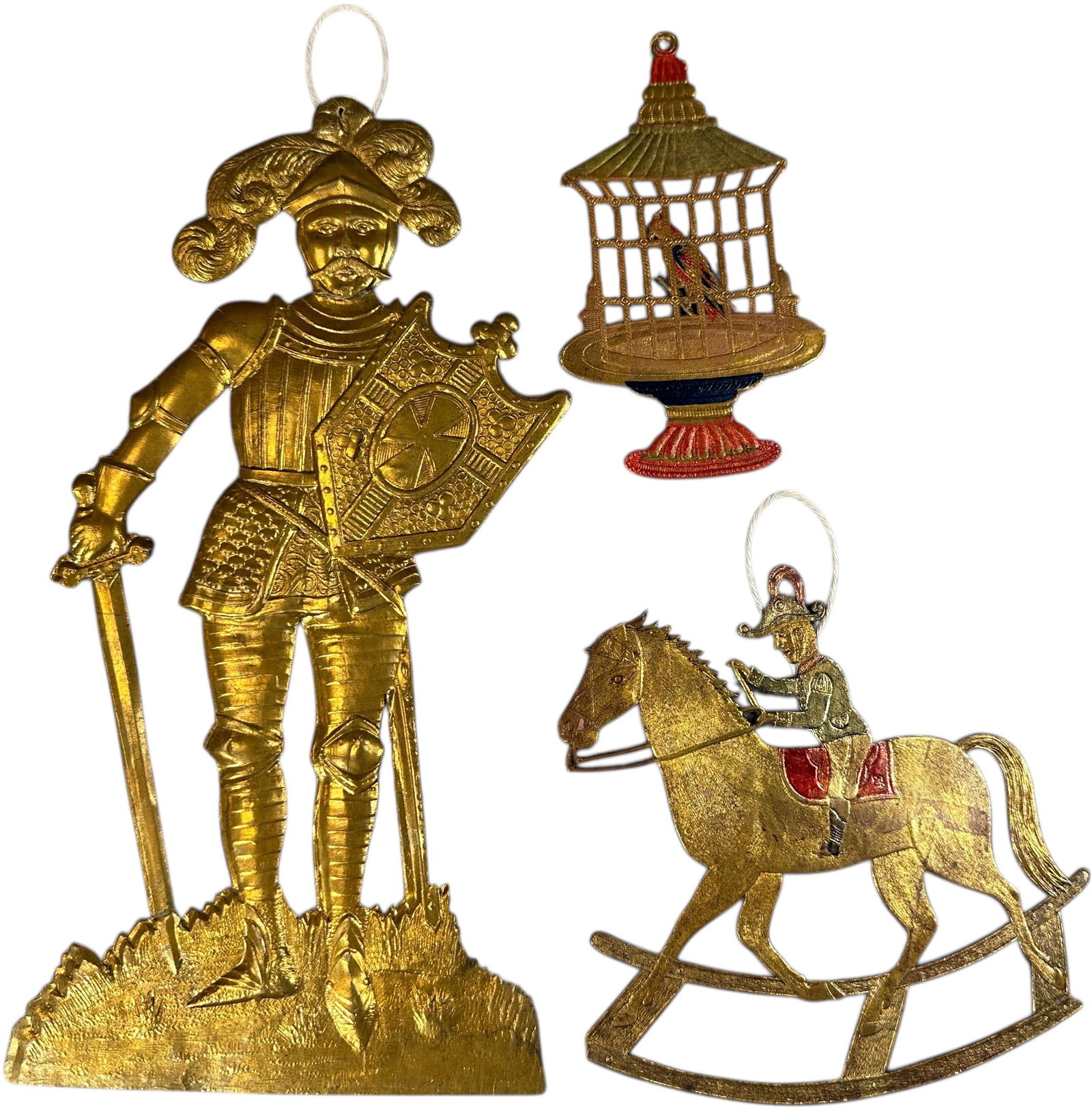 THREE FLAT DRESDENS (INC KNIGHT): 1108. THREE FLAT DRESDENS (INC KNIGHT) | Bird cage has bend, Horse is missing two pieces. | 11" h. | (Excellent Condition) | $300 - $500