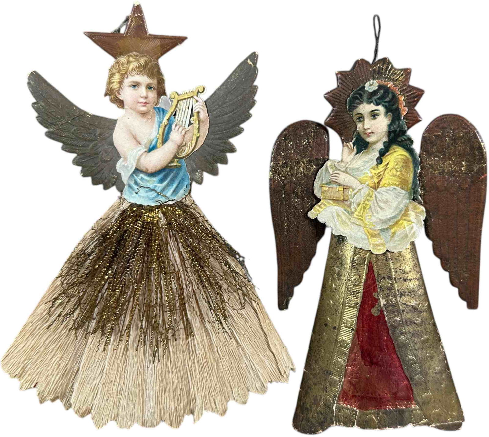TWO ANGELS W/ DRESDEN WINGS: 1113. TWO ANGELS W/ DRESDEN WINGS | Provenance: Jerry & Darla Arnold Collection. | 6" h. | Gold wings have been glued back on and angel is missing feet, (Very Good to Excellent Condition) | $500 - $80