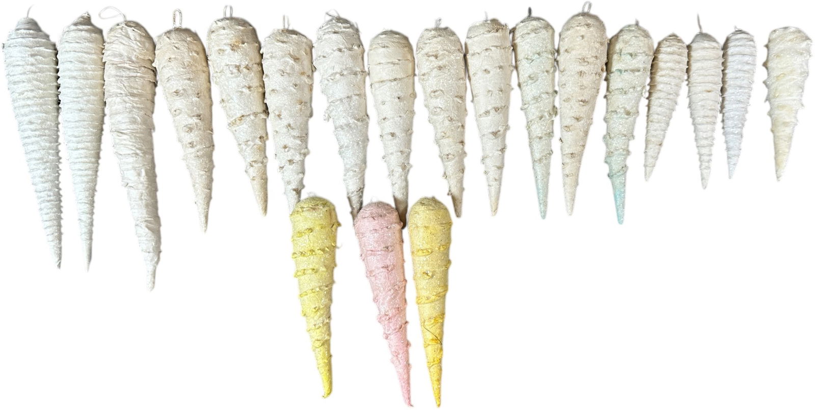 TWENTY COTTON ICICLE ORNAMENTS: 1115. TWENTY COTTON ICICLE ORNAMENTS | Couple rare colors. | 8" h. | (Excellent Condition) | $250 - $500