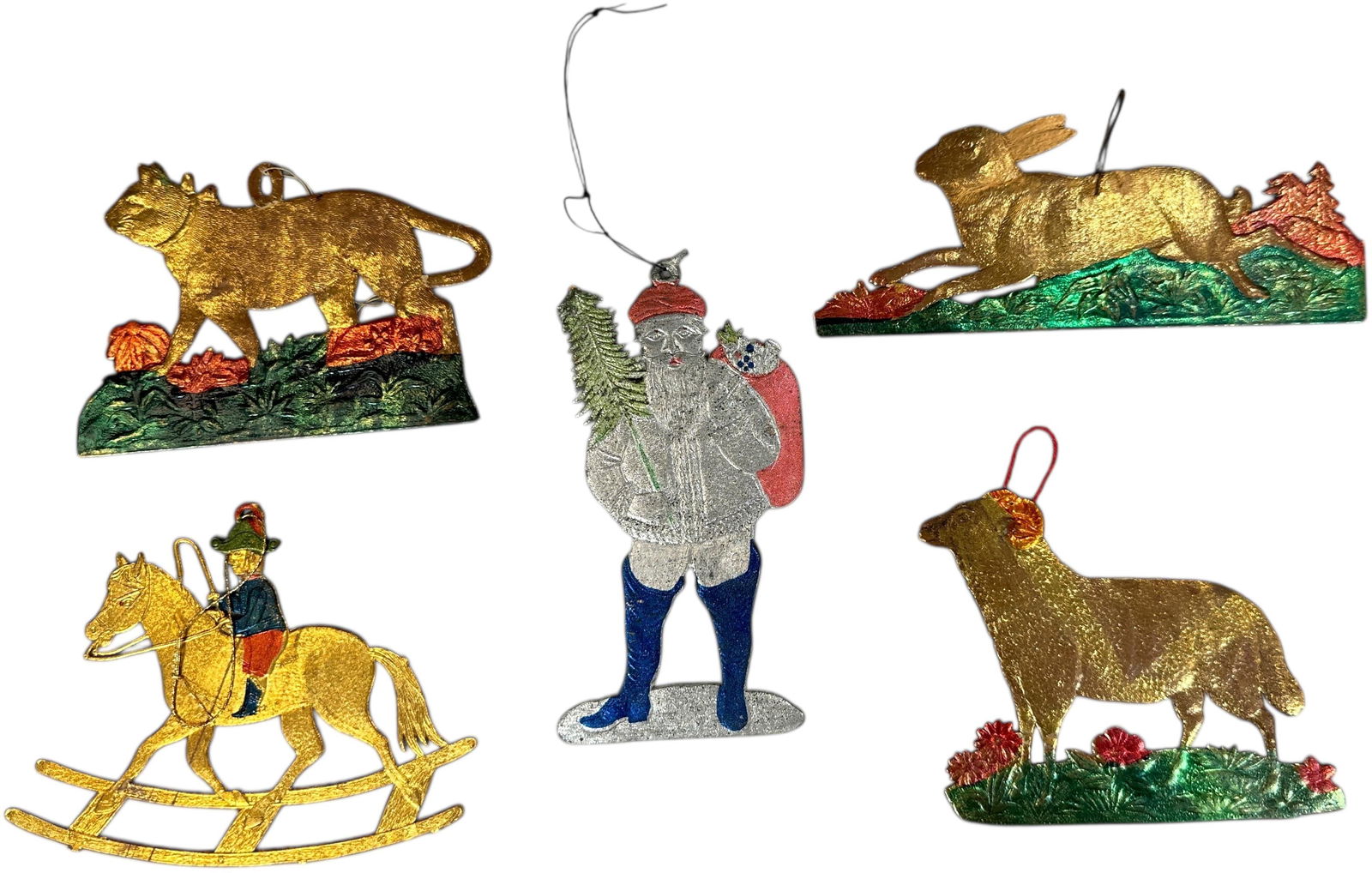 FIVE FLAT DRESDENS ORNAMENTS: 1119. FIVE FLAT DRESDENS ORNAMENTS | Provenance: Linda Morrow Collection | 6.5" l. | Two have repairs, (Excellent Condition) | $600 - $1,000