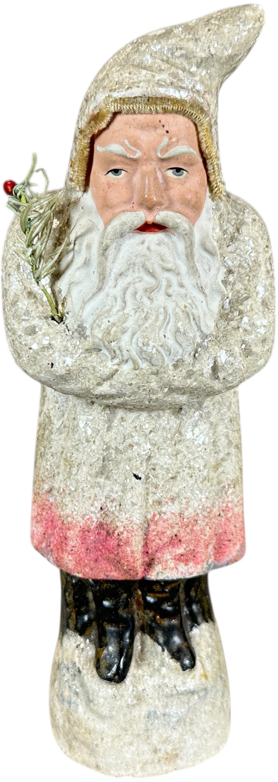 BELSNICKLE W/ WHITE COAT & PINK TRIM: 1124. BELSNICKLE W/ WHITE COAT & PINK TRIM | Nice red trim on bottom of coat. Provenance: Linda Morrow Collection | 9" h. | Minor seam splits are professionally repaired and cannot be seen to naked ey