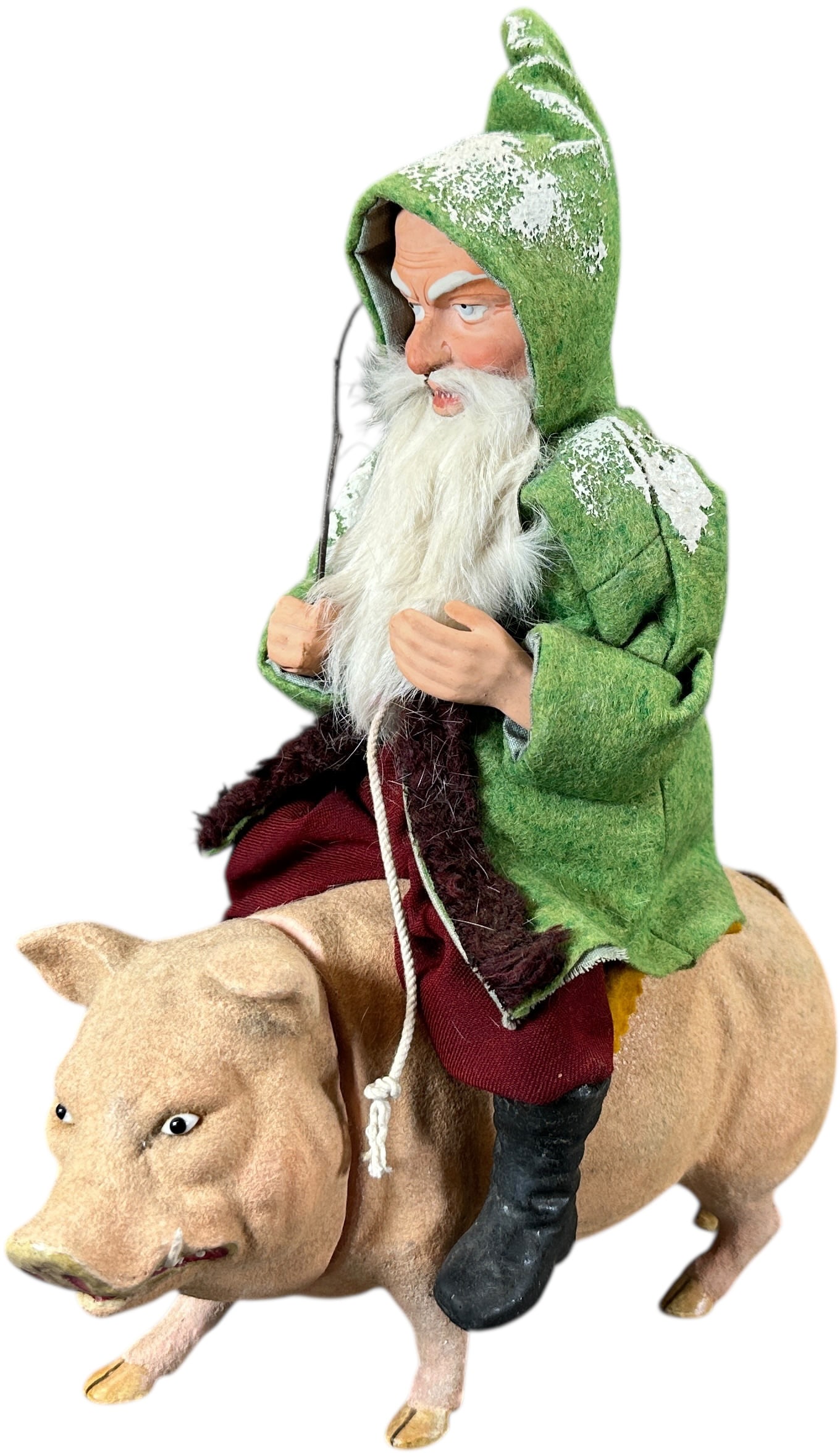SANTA RIDING PIG CANDY CONTAINER: 1129. SANTA RIDING PIG CANDY CONTAINER | Artisan made Santa. Provenance: Linda Morrow Collection | 13" h. | (Excellent Condition) | $400 - $800