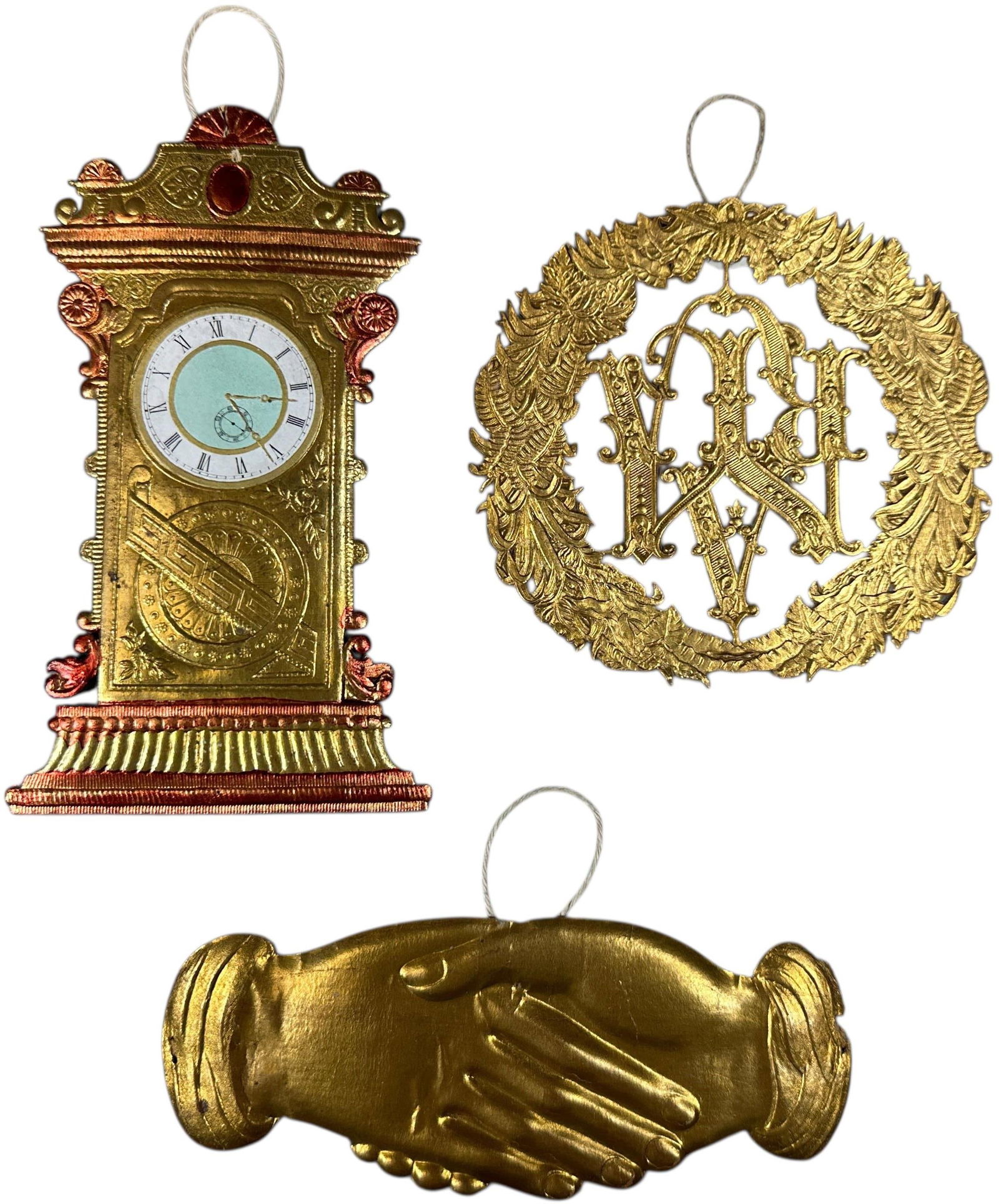 THREE FLAT DRESDEN ORNAMENTS: 1138. THREE FLAT DRESDEN ORNAMENTS | These have interesting designs. | 7" h. | (Excellent Condition) | $250 - $500