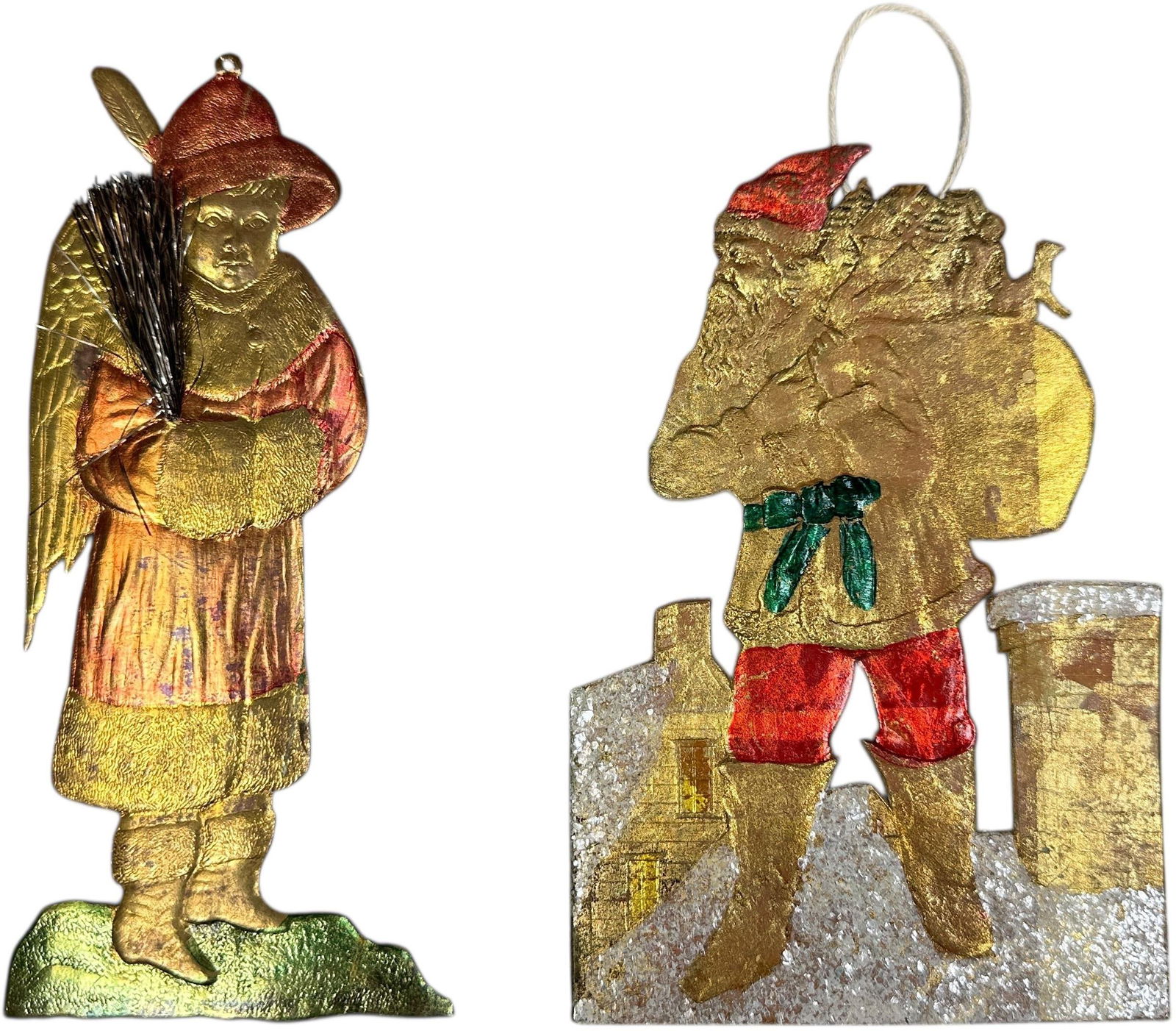 TWO FLAT DRESDEN ORNAMENTS: 1139. TWO FLAT DRESDEN ORNAMENTS | Santa on roof and angel boy. | 7" h. | (Excellent Condition) | $250 - $500