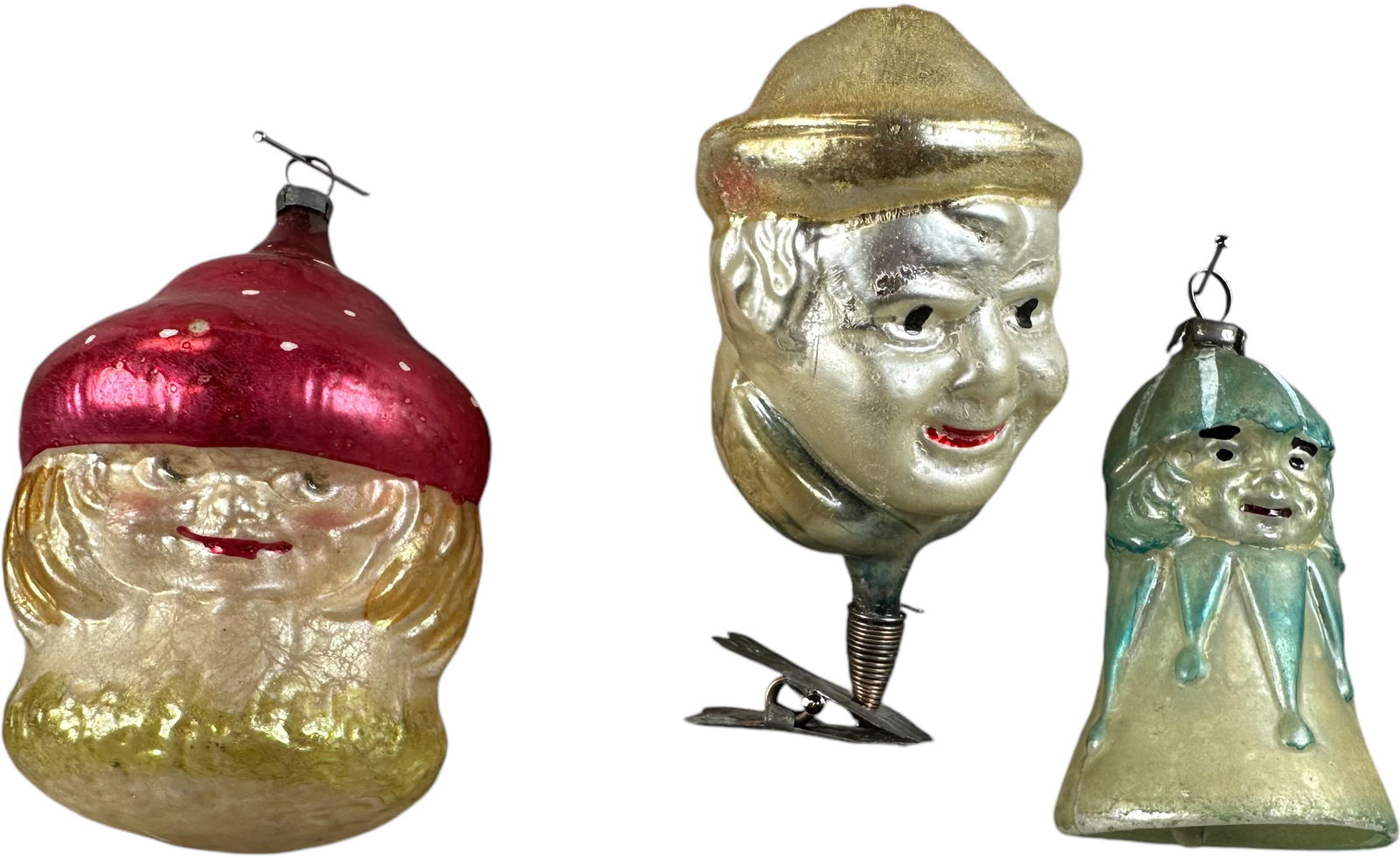 TWO WOMEN & BISHOP HEAD GLASS ORNAMENTS: 1144. TWO WOMEN & BISHOP HEAD GLASS ORNAMENTS | 3"-3.5" h. | Pike damage, (Excellent Condition) | $400 - $700