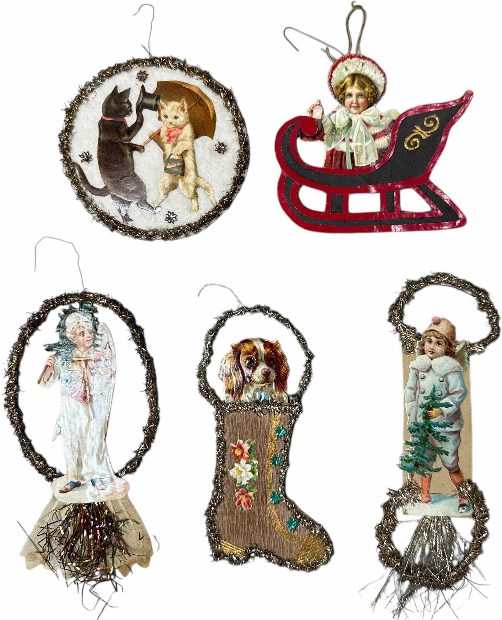 FIVE SCRAP & TINSEL ORNAMENTS: 1148. FIVE SCRAP & TINSEL ORNAMENTS | Provenance: Linda Morrow Collection | 7" h. | (Excellent Condition) | $500 - $800