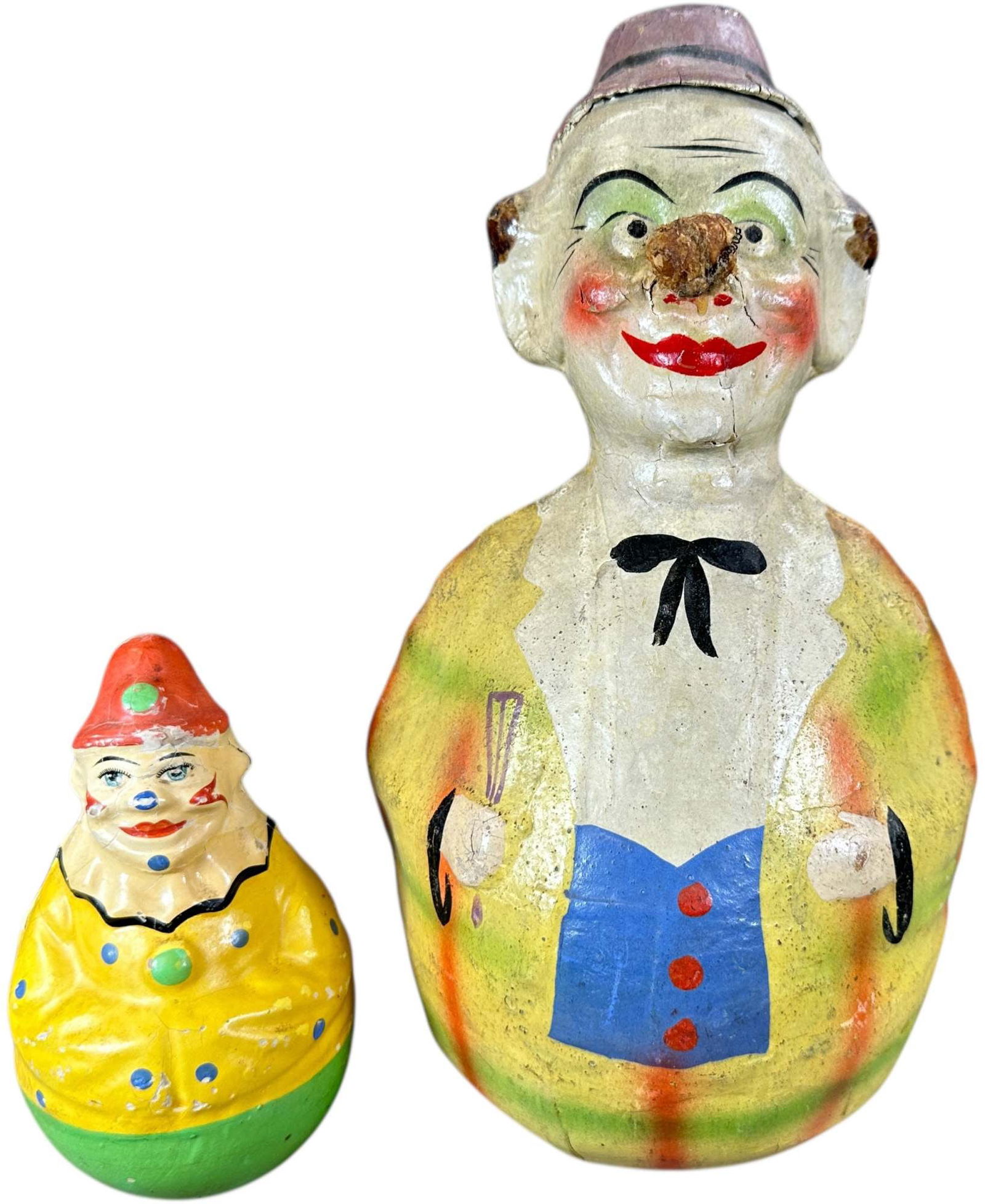 TWO CLOWN THEME ROLY POLY TOYS: 1155. TWO CLOWN THEME ROLY POLY TOYS | Large clown has an extended nose. | 12" h. | Age related wear and splits, (Excellent Condition) | $400 - $600