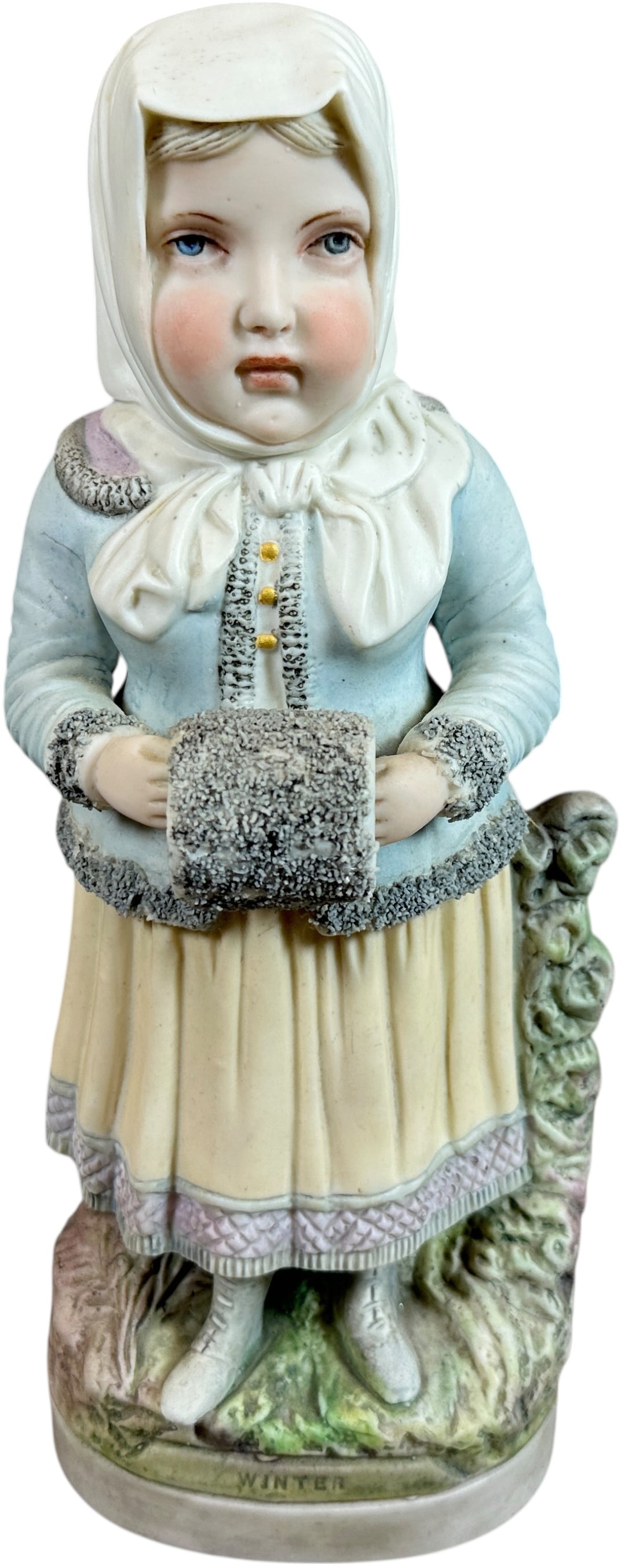 LARGE PORCELAIN WINTER GIRL W/ MUFF: 1164. LARGE PORCELAIN WINTER GIRL W/ MUFF | Early, well done figure "Winter" made in Germany. | 12" h. | (Pristine Condition) | $300 - $600