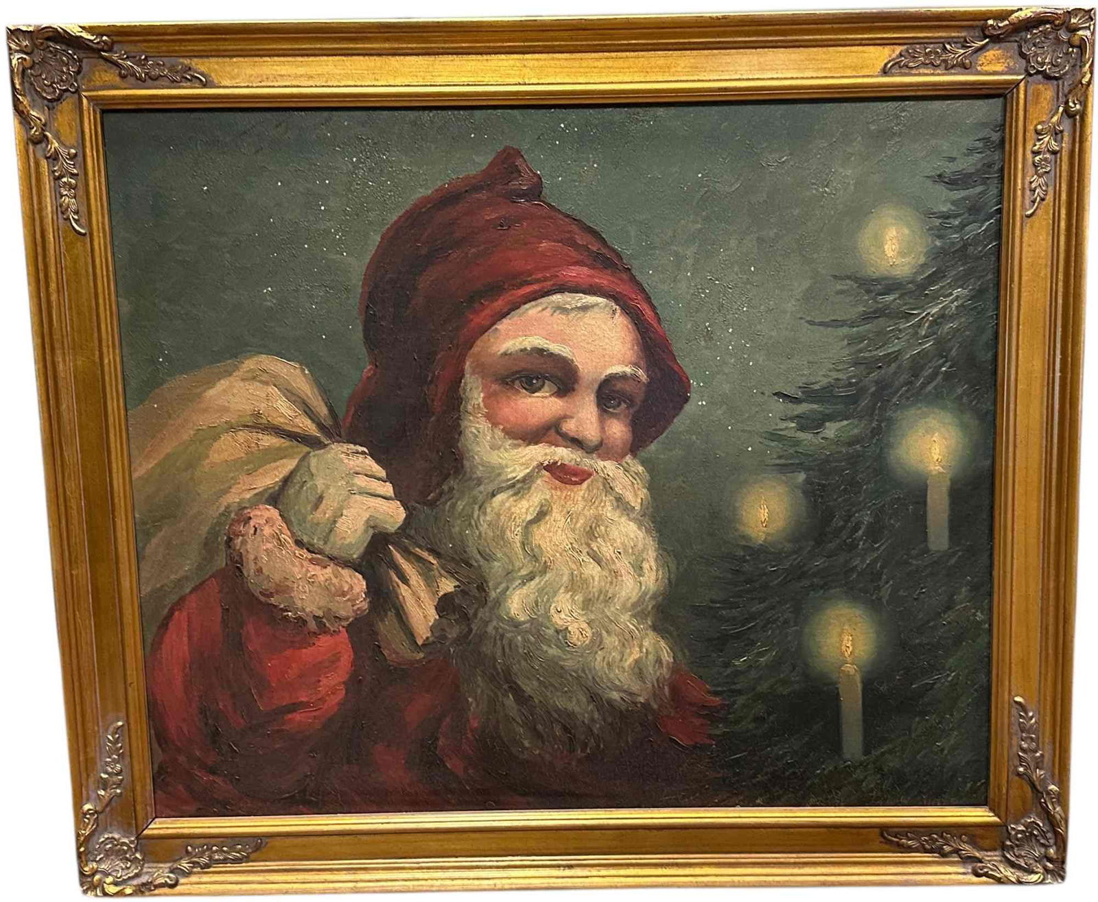 FRAMED SANTA CLAUS AT TREE OIL PAINTING: 1165. FRAMED SANTA CLAUS AT TREE OIL PAINTING | Signed ETTA. | 28 x 25" lh. | (Excellent Condition) | $300 - $600