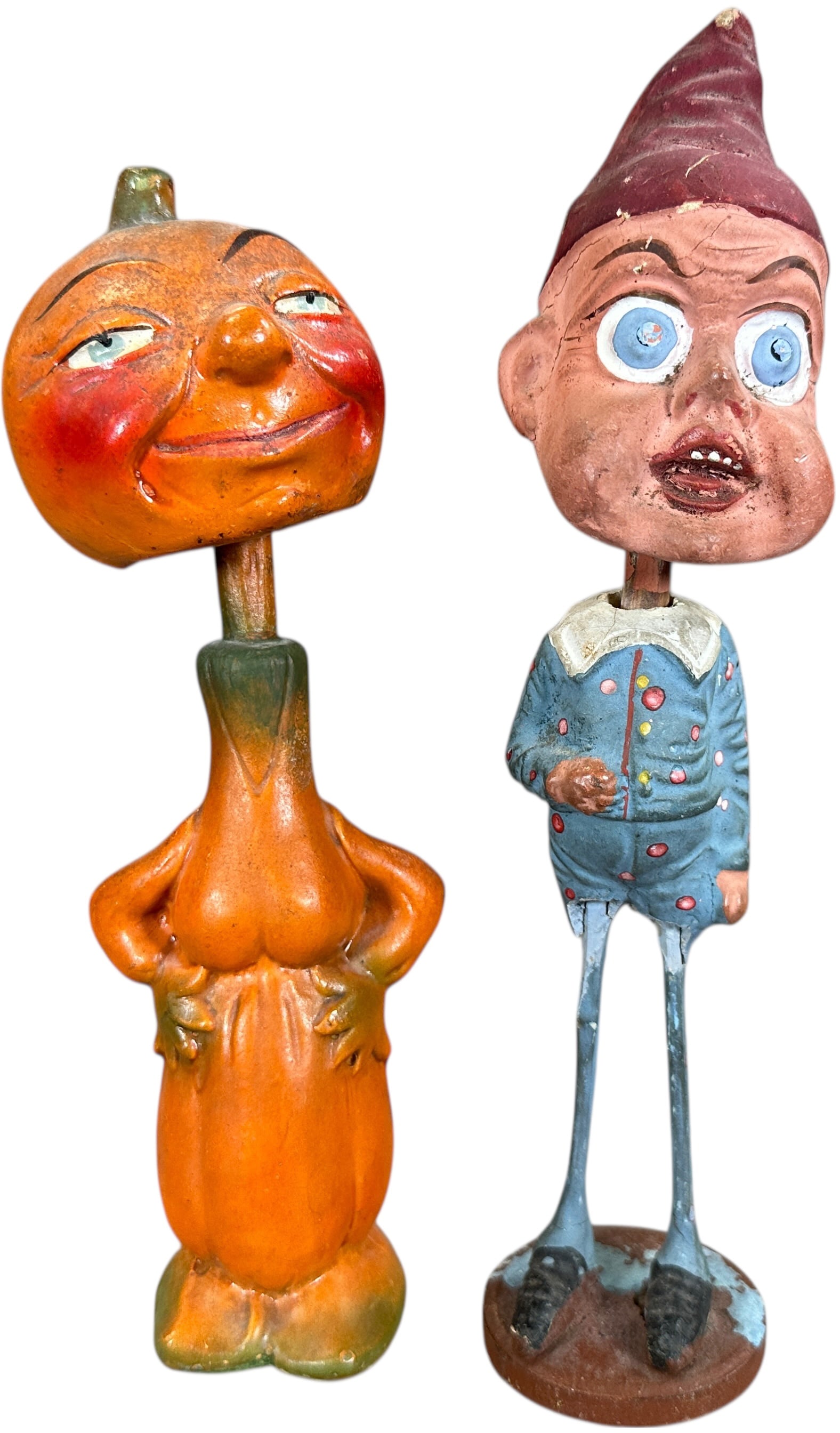 BROWNIE & PUMPKIN HEAD NODDERS: 1172. BROWNIE & PUMPKIN HEAD NODDERS | 9.5" h. | Pumpkin has repair at neck, Brownie has age related cracks, (Very Good to Excellent Condition) | $400 - $700