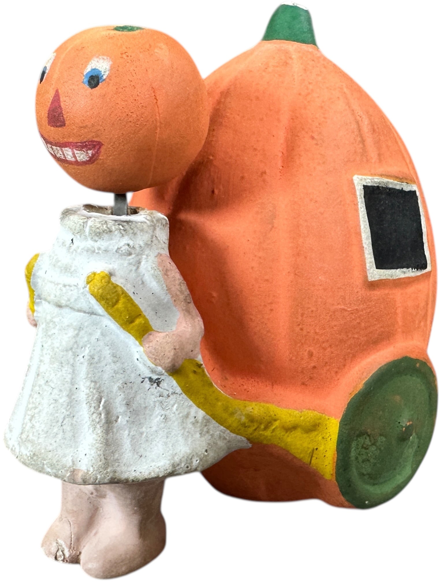 PUMPKIN GIRL PULLING PUMPKIN WAGON CANDY CONTAINER: 1173. PUMPKIN GIRL PULLING PUMPKIN WAGON CANDY CONTAINER | Girls head is a nodder. | 3" h. | Green stem has paint chipping on top, foot has a chip, otherwise (Excellent Condition) | $600 - $900