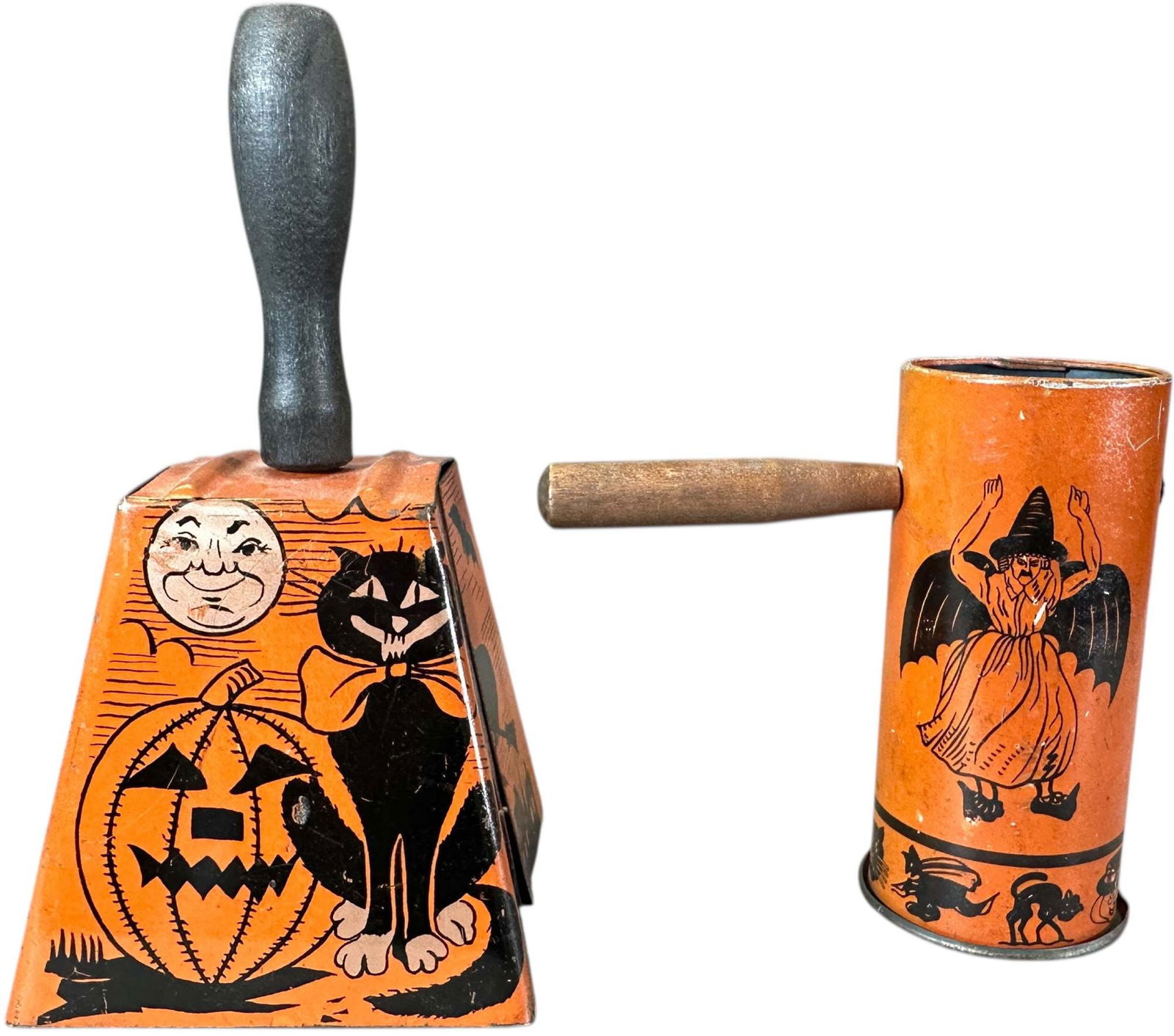 EARLY GERMAN METAL NOISEMAKERS: 1179. EARLY GERMAN METAL NOISEMAKERS | Great graphics. | 6" h. | (Excellent Condition) | $400 - $700