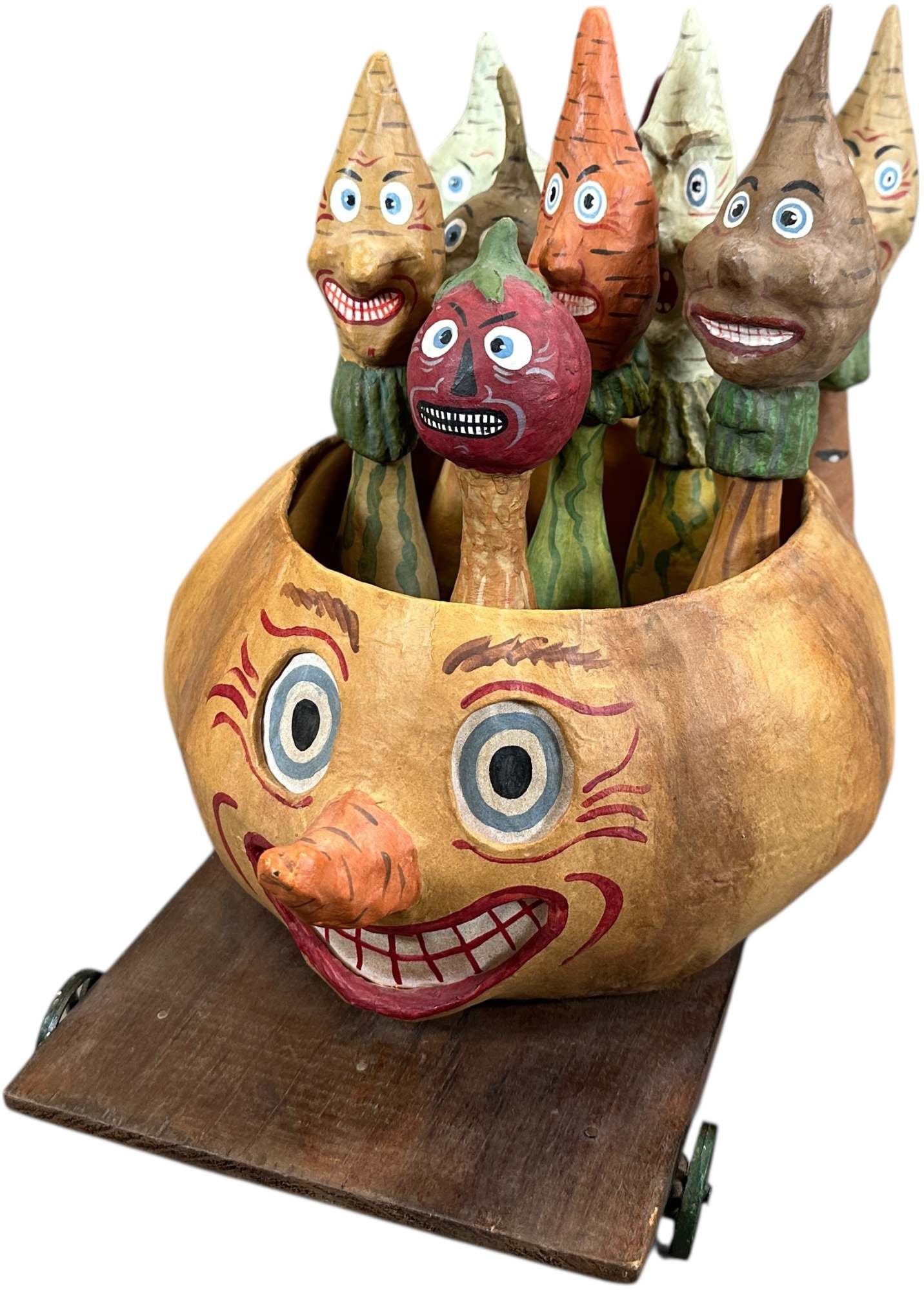 JACK ROADS HALLOWEEN SKITTLE SET: 1183. JACK ROADS HALLOWEEN SKITTLE SET | Wonderful Veggie skittles. Provenance: Linda Morrow Collection | 10.5" h. skittle | (Excellent to Pristine Condition) | $1,000 - $2,000