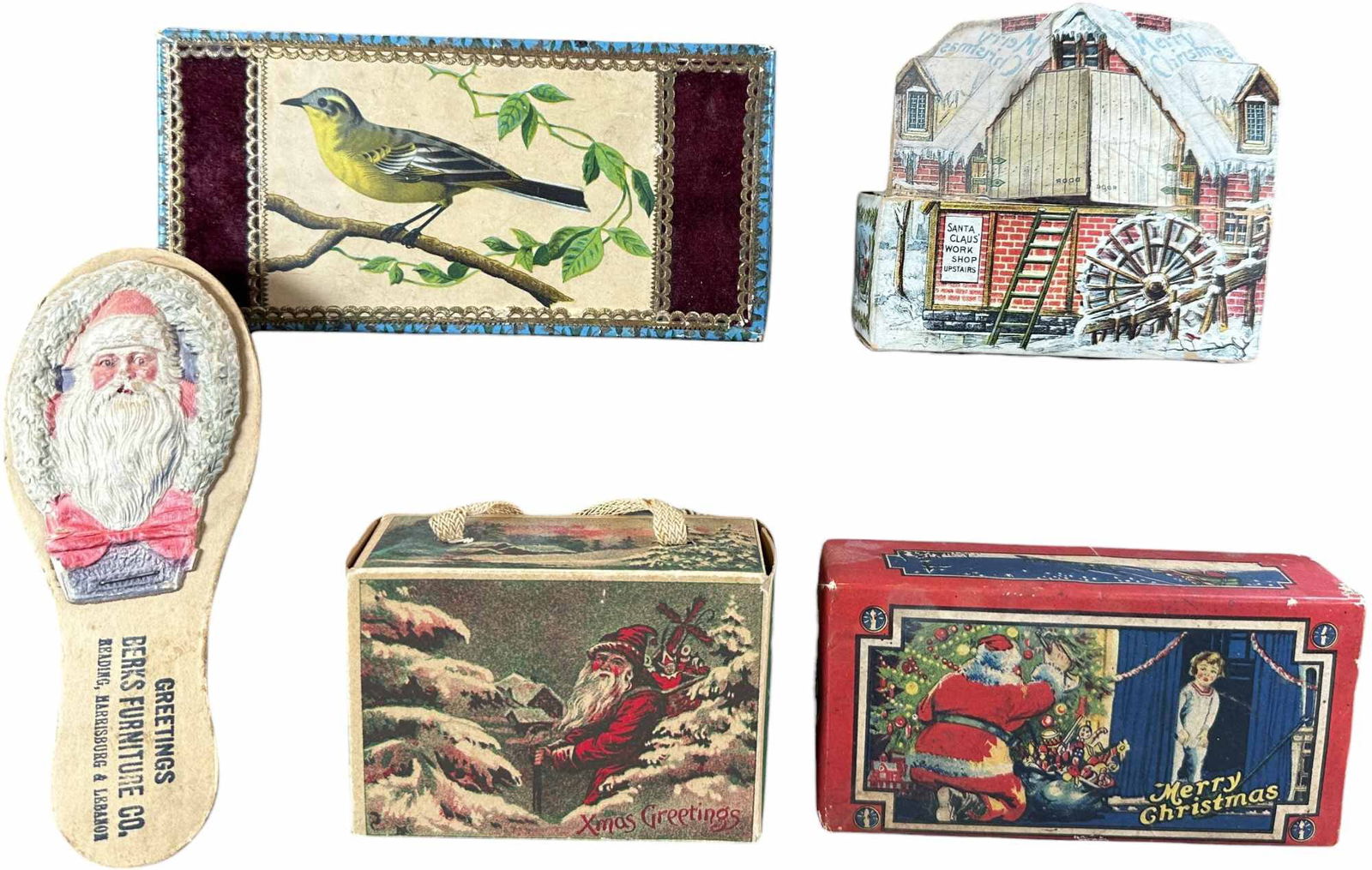 FIVE EARLY BOXES & SANTA NOISEMAKER: 1203. FIVE EARLY BOXES & SANTA NOISEMAKER | Provenance: Bob & Maurine Young | 6" l. | (Very Good to Excellent Condition) | $400 - $800