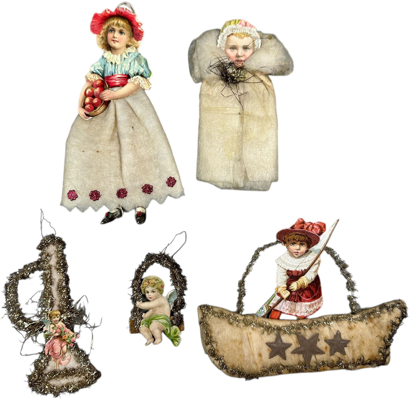 FIVE COTTON ORNAMENTS: 1205. FIVE COTTON ORNAMENTS | Provenance: Linda Morrow Collection | 6.5" h. | (Excellent Condition) | $600 - $900