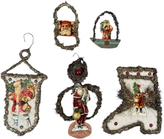 FIVE SANTA TINSEL & COTTON ORNAMENTS