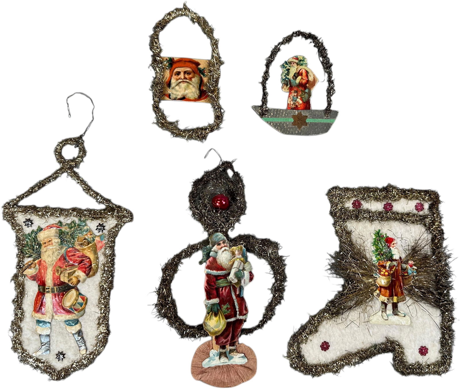 FIVE SANTA TINSEL & COTTON ORNAMENTS: 1206. FIVE SANTA TINSEL & COTTON ORNAMENTS | Provenance: Linda Morrow Collection | 7.5" h. | (Excellent Condition) | $600 - $900