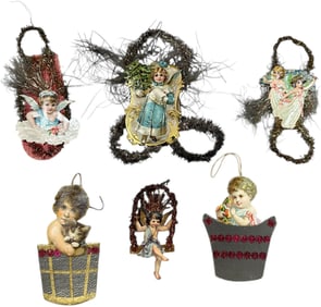 FIVE TINSEL & PAPER ORNAMENTS