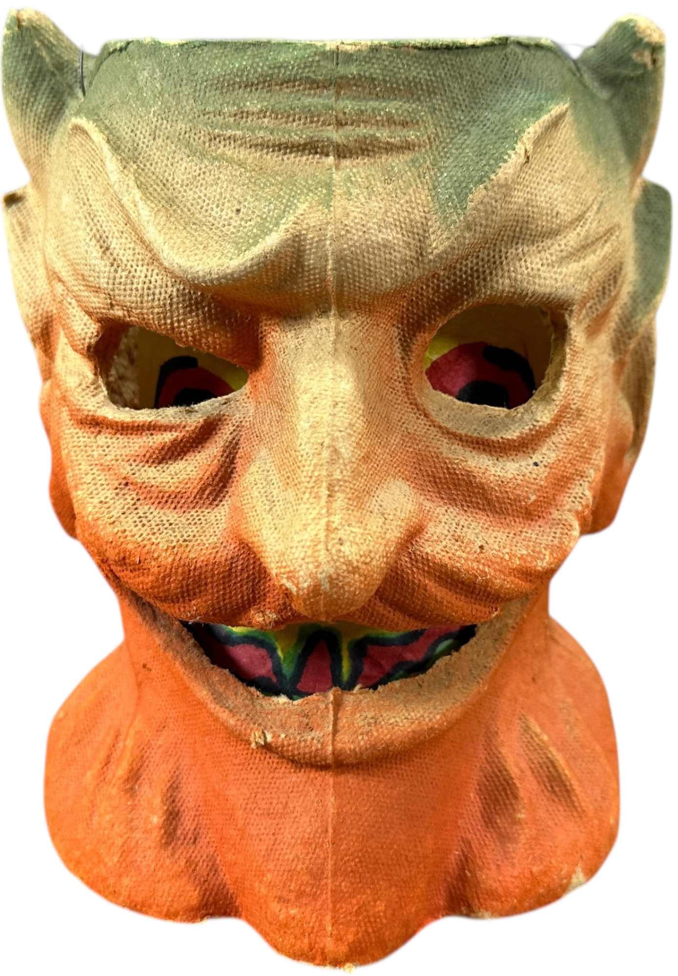 PULP DEVIL HEAD LANTERN: 1232. PULP DEVIL HEAD LANTERN | Original insert. | 6.5" h. | (Excellent Condition) | $300 - $500