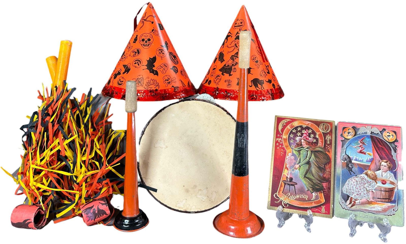 HALLOWEEN PARTY HATS/HORNS/TAMBOURINE: 1235. HALLOWEEN PARTY HATS/HORNS/TAMBOURINE | 11" h. | (Excellent Condition) | $200 - $400
