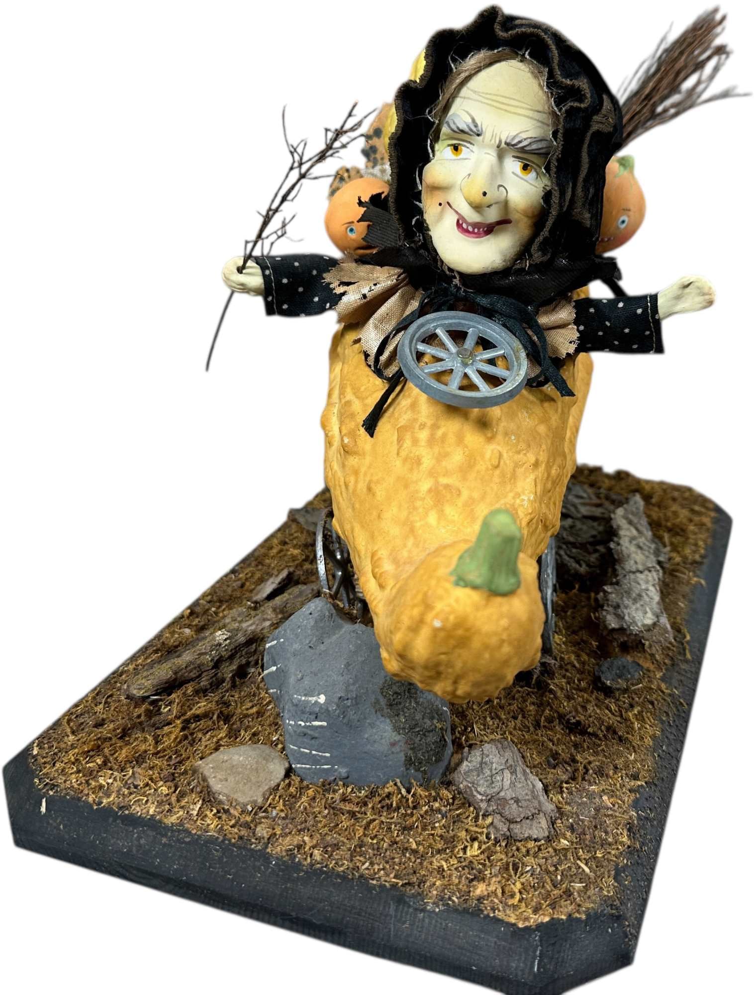 ARTISAN MADE HALLOWEEN WITCH IN CAR: 1239. ARTISAN MADE HALLOWEEN WITCH IN CAR | Clever display not signed by artist. | 11.5" l. | (Pristine Condition) | $200 - $400