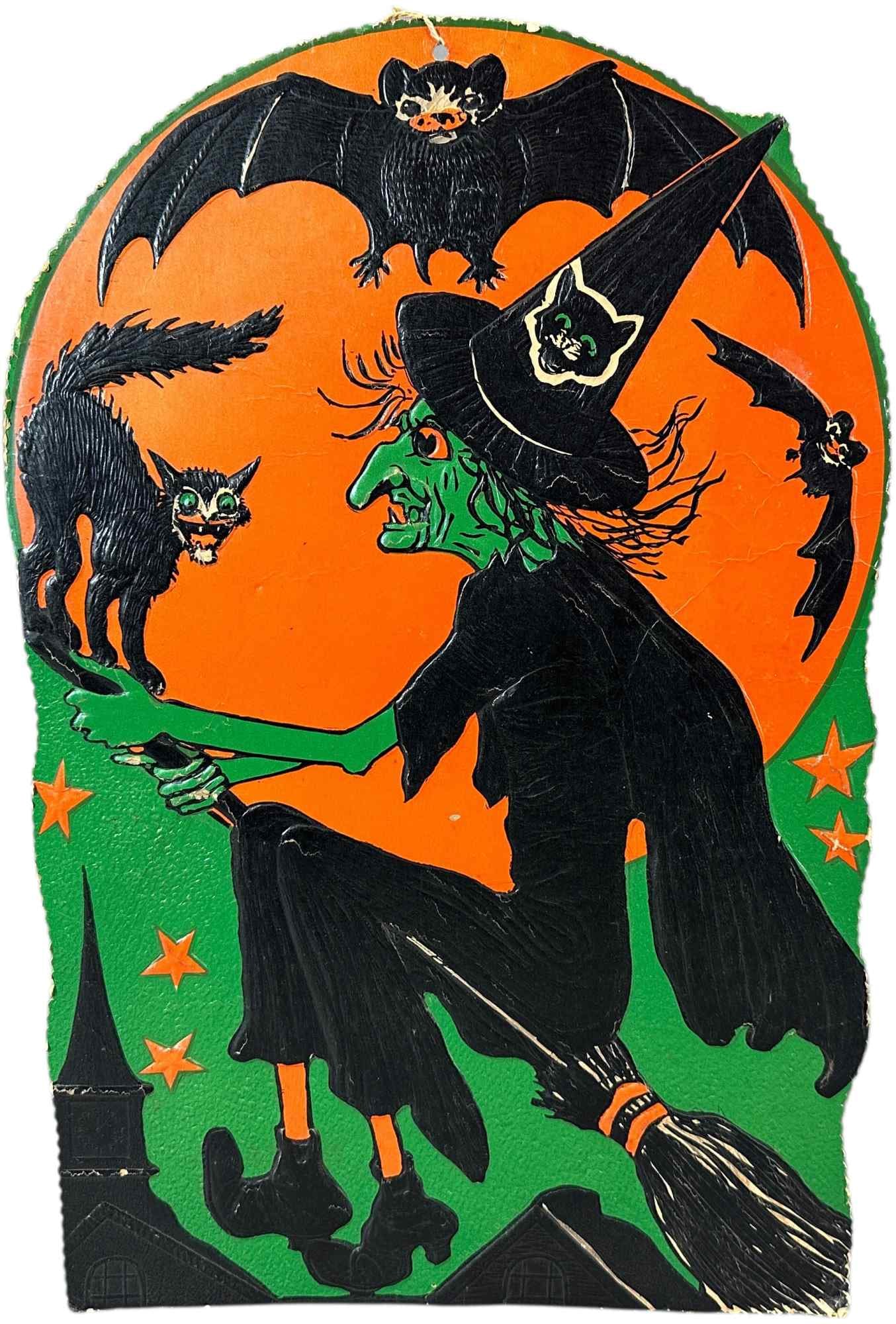 BEISTLE WITCH ON BROOM HALLOWEEN DIECUT: 1251. BEISTLE WITCH ON BROOM HALLOWEEN DIECUT | Hard to find piece. | 18.5" h. | Some edge wear, (Excellent Condition) | $300 - $600
