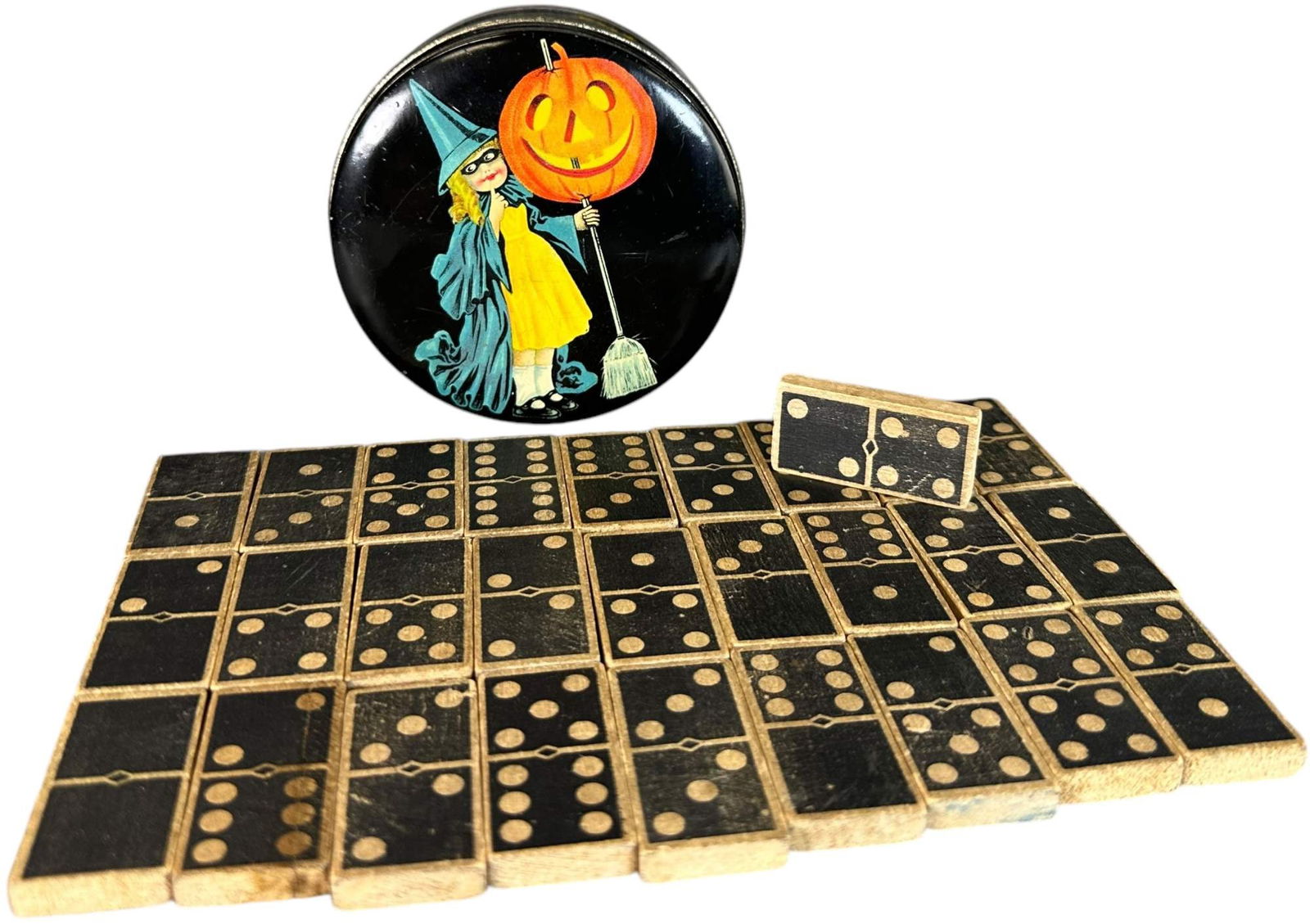 HALLOWEEN THEME SMALL TIN W/ DOMINOES: 1258. HALLOWEEN THEME SMALL TIN W/ DOMINOES | 4" w. | (Excellent to Pristine Condition) | $150 - $300